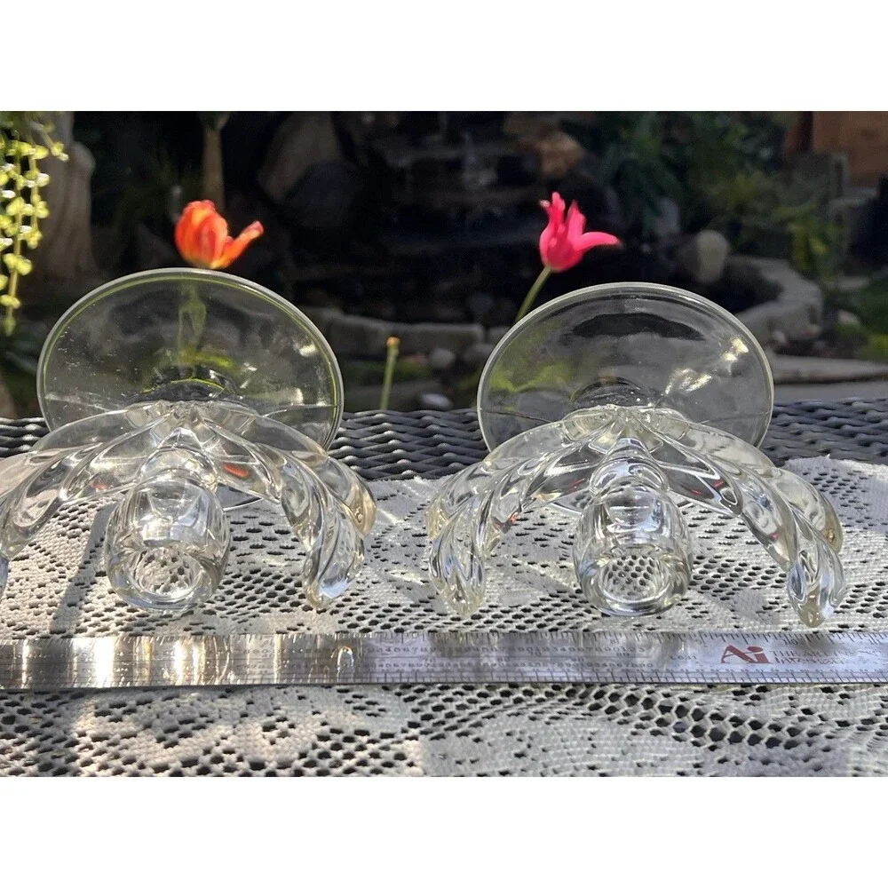 1960s Vintage Glass Lotus Candle Holders Pair Mid Century  Wheat Sheaf/winged